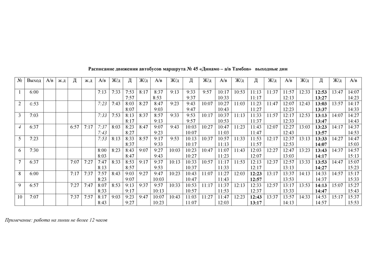 Расписание автобусов 45 маршрута